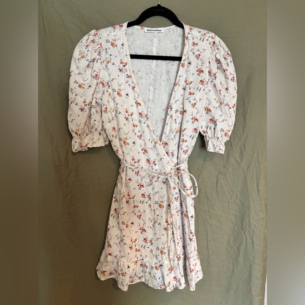 Reformation Cream Floral Puff Sleeve Mini Dress